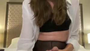 slim brunette hair American tranny In dark pantyhose Strokes Her gigantic cock